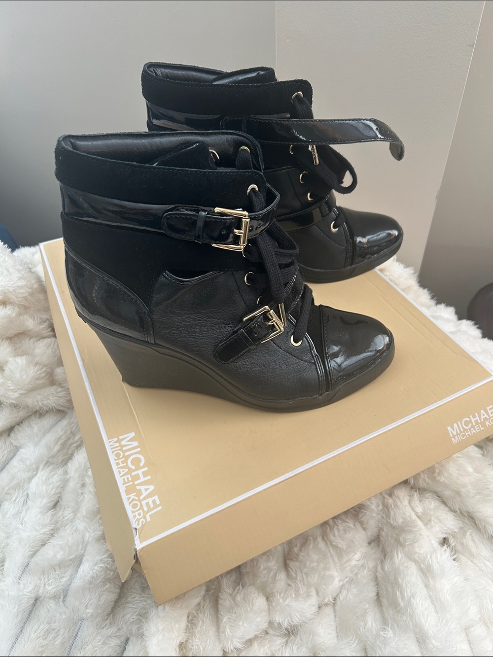 Michael Kors Black Leather & Patent Wedge Lace-Up Ankle Boots